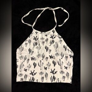 Forever 21 Cactus Print Halter Crop Top - Black and White